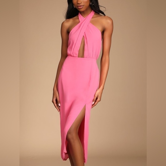 Lulus Flirty Chic Bright Pink Cutout Twist-Front Halter Midi Dress NWT LARGE - Picture 3 of 11